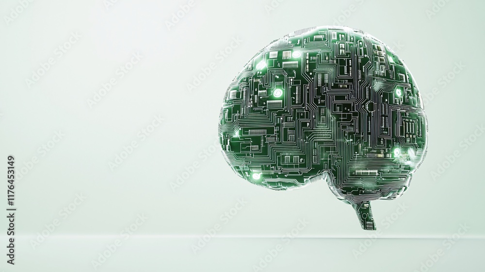 Poster robotic brain made of circuit boards calculating stock patterns, [algorithmic trading], [machine int