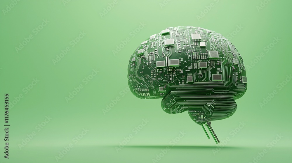 Poster robotic brain made of circuit boards calculating stock patterns, [algorithmic trading], [machine int