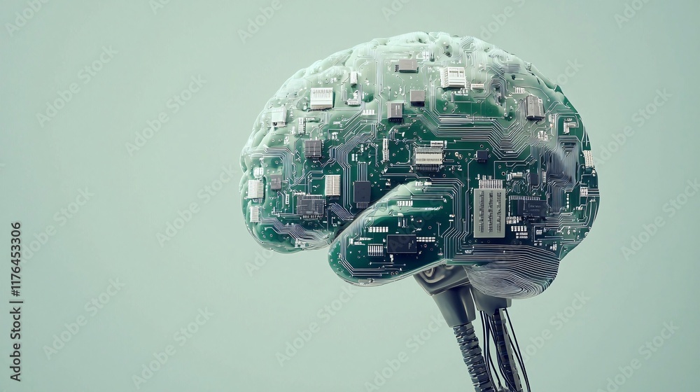 Poster robotic brain made of circuit boards calculating stock patterns, [algorithmic trading], [machine int
