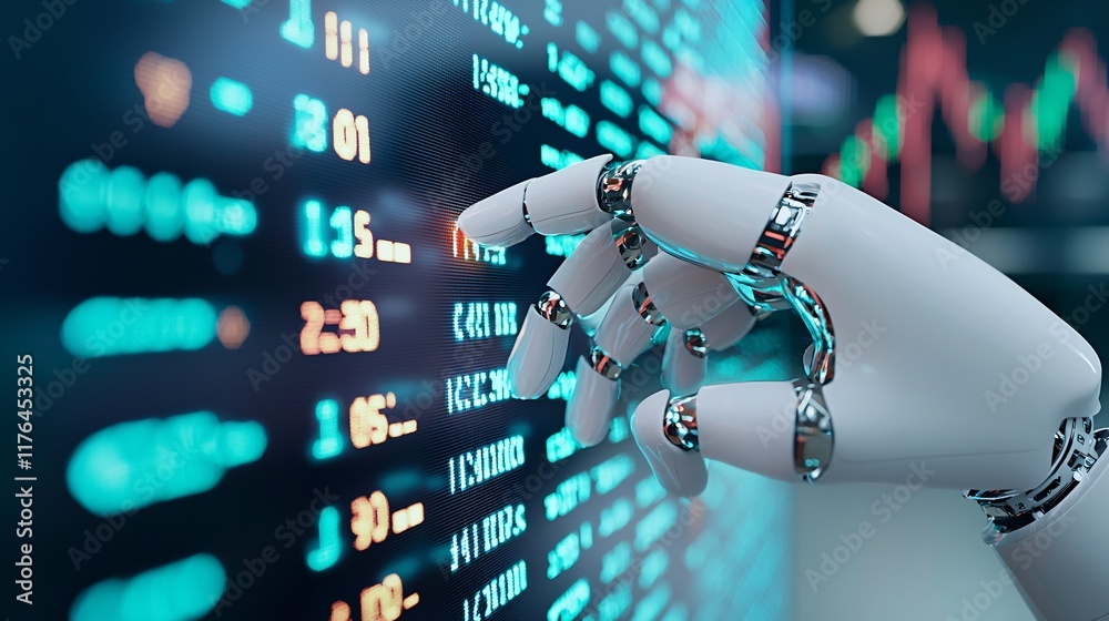Poster robot hand pressing a buy button on a digital stock trading interface, [automation], [ai executing t
