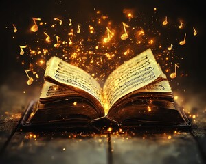 A beautiful scene of an open ancient music book, with golden musical notes radiating from its pages, evoking the grandeur of a classical symphony