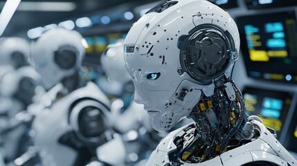 Fototapeta premium Group of robots wearing business suits at a stock exchange, [corporate AI], [future of AI in finance]