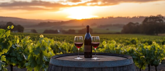 A bottle of red wine and two glasses set on a rustic barrel, surrounded by a vineyard at sunset, with the sky glowing in warm tones