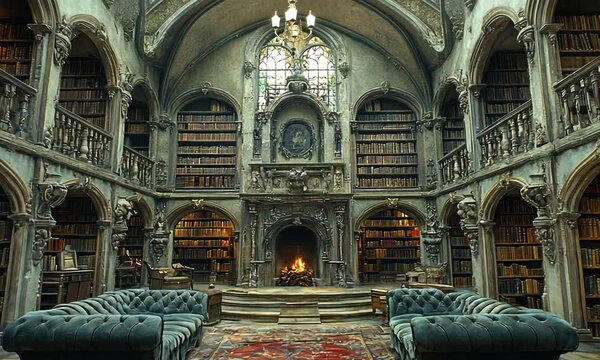 Grand antique library with fireplace and bookshelves.
