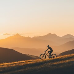 Fototapeta premium Mountain Biker Riding on Hillside During Sunset with Scenic View