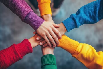 A creative concept of hands in rainbow colors overlapping to symbolize cooperation and harmony.