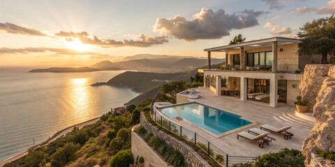Fototapeta premium Hilltop Villa with Wide-Angle View of Spa for Relaxation and Luxury
