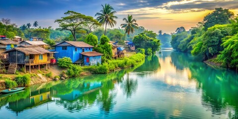 Fototapeta premium Vintage Bangladesh Riverside Village: Serene Blue Water & Lush Green Trees