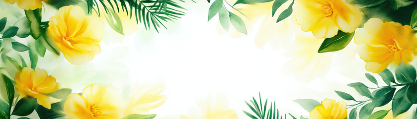 Naklejka premium A vibrant border of yellow flowers and green leaves encircles a bright, blank space, perfect for adding text or graphics.