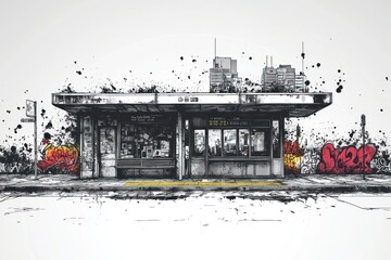 Fototapeta premium Urban bus stop, graffiti, city backdrop.