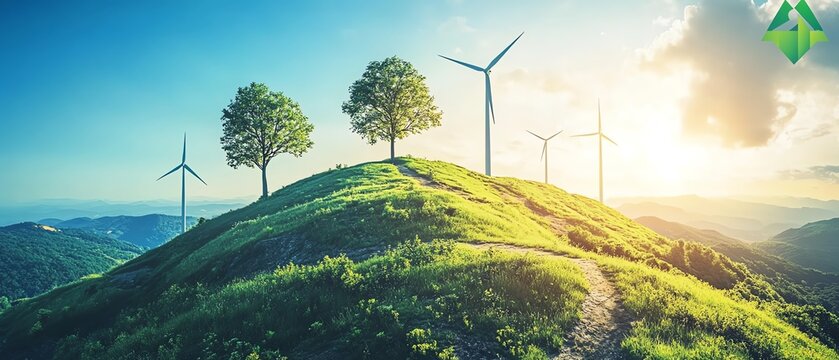 A harmonious landscape showcasing Europe s environmental efforts, featuring lush green forests, clean rivers, and sustainable energy infrastructure