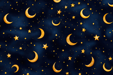 Naklejka premium A whimsical pattern featuring golden moons and stars against a deep blue night sky, creating a dreamy celestial atmosphere.