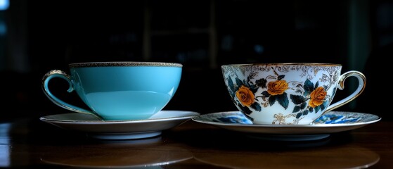 Fototapeta premium Elegant Vintage Teacups Floral Tea Set Porcelain Teaware Gold Trim Tea Party Afternoo