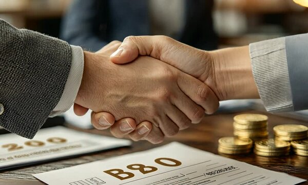 A handshake signifies agreement or partnership over a table with documents and coins.