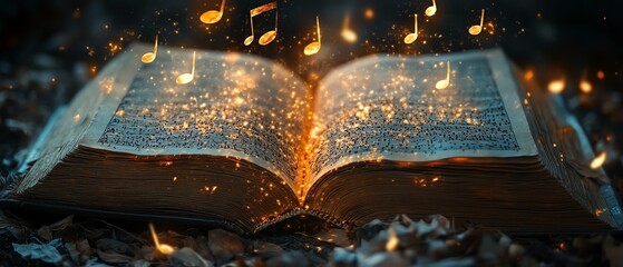 A magical scene of an ancient book of songs with luminous musical notes floating above, symbolizing the eternal beauty and power of classical symphonies