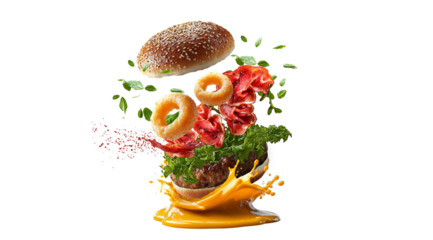 PNG, Burger ingredients, burger, isolated on white background, created and generated by AI technology.