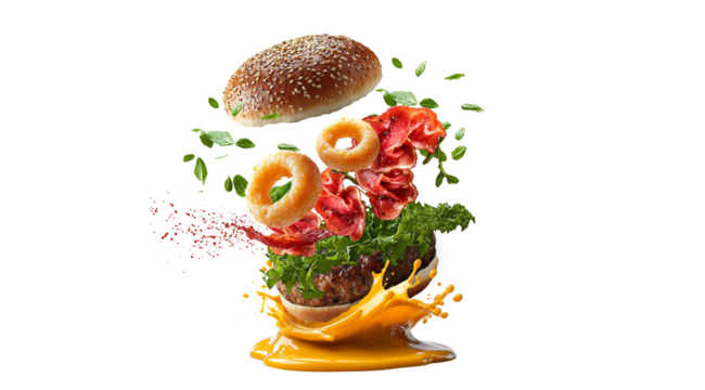 PNG, Burger ingredients, burger, isolated on white background, created and generated by AI technology.