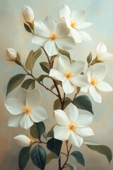 Fototapeta premium Elegant white blossoms, green leaves, soft background.