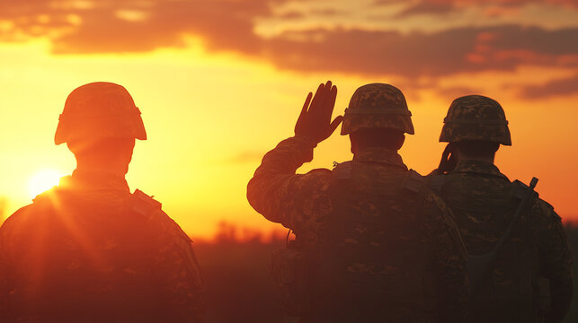Soldiers saluting at sunset in a respectful farewell ceremony