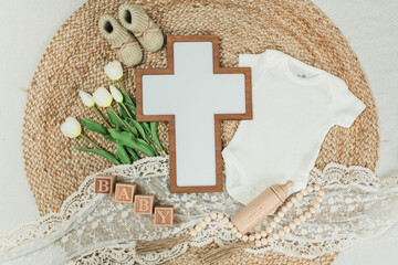 Minimalist Christian pregnancy announcement, Simple Wooden cross decor, Faith-inspired baby...