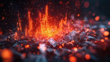 Burning money, fiery digital background.
