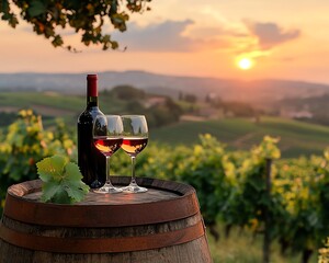 A romantic vineyard setting with a bottle and two glasses of wine placed on a barrel, as the sun sets, casting a warm glow over the lush landscape