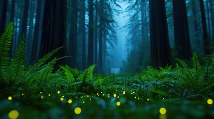 Mystical Forest Scene with Glowing Lights and Lush Green Ferns