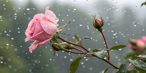 A Delicate Pink Rose Bud in Rain with Water Drops