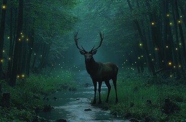 Majestic Stag Standing in Enchanted Forest with Glowing Fireflies