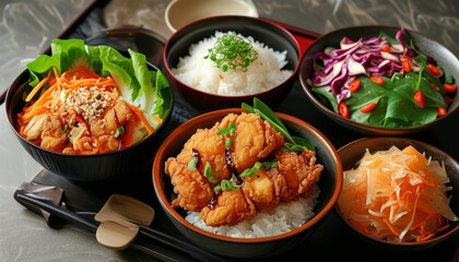 Japanese Karaage Dinner Combo with Rice and Colorful Vegetable Sides on Elegant Table Setting