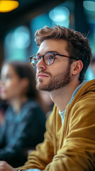 Young Man in Glasses at Lecture  Thoughtful Expression
