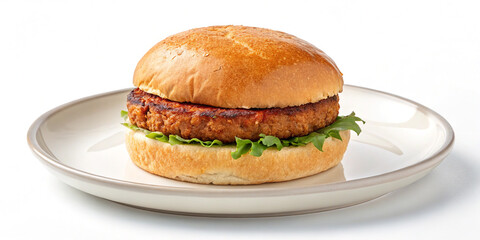 Plate with Vegan Burger Patty Isolated on a White Background for Culinary Use