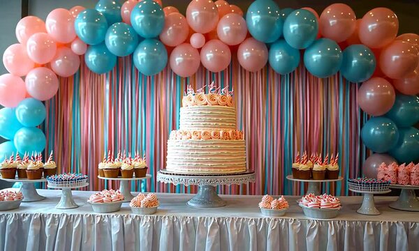A festive dessert table featuring a large cake, cupcakes, and balloons in pastel colors.