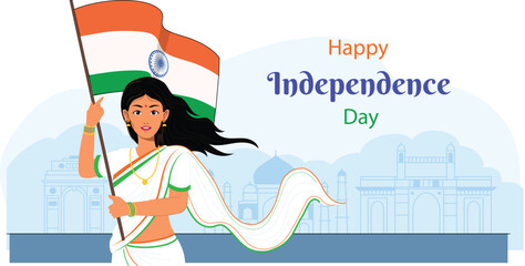 A happy Independence Day illustration, featuring a woman proudly holding the Indian flag, surrounded by vibrant colors and celebratory elements like fireworks and national symbols