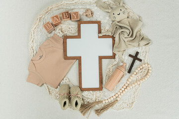 Minimalist Christian pregnancy announcement, Simple Wooden cross decor, Faith-inspired baby...