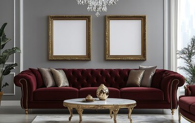 Classic living room interior with blank frames, red sofa, and elegant decor.