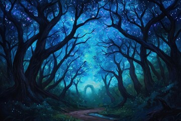Enchanted Forest with Starry Sky and Mystical Blue Lighting