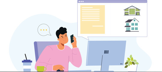 A modern house rent application concept illustration, featuring a user browsing a sleek mobile app interface displaying available rental properties with photos, price filters