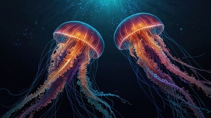 Two vibrant jellyfish, glowing in deep ocean, with sunbeams.