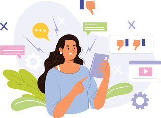 A negative effects of social media illustration, highlighting angry reactions, showing a user overwhelmed by hostile comments, notifications, and angry emojis