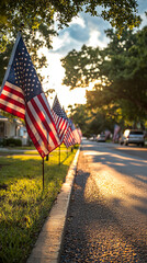Golden Hour American Flags on Suburban Street