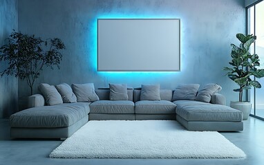 Modern living room with blank canvas, illuminated by blue light, ideal for showcasing artwork.