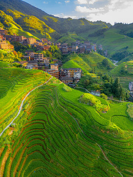 The Longji Rice Terraces in Longsheng China, Drone view of Ping An village