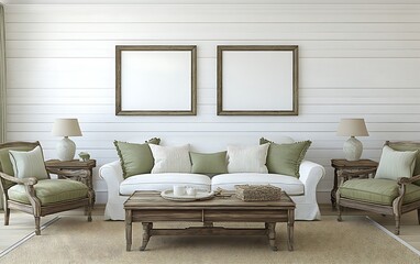 White sofa, armchairs, wooden table, frames in cozy living room.