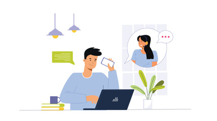 A virtual call center communication concept illustration, showcasing customer support agents working remotely, interacting with clients via video calls, chat, and phone