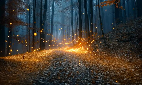 Magical forest path at night with glowing lights.