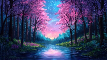 Fototapeta premium Serene Twilight Scene with Pink Blossoms by Calm Riverbank