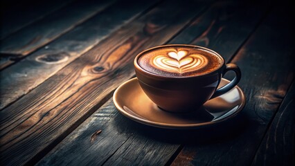 Fototapeta premium Vintage Cappuccino Coffee Shop Photo: Dark Moody Close-up of Creamy Coffee in a Cup on Rustic Wooden Table