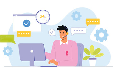 A call center illustration with a customer support concept, showing an agent speaking to a customer through a headset, with multiple screens displaying customer queries