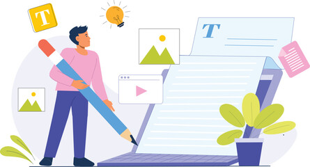 A content writing concept illustration for online articles, showing a writer at a computer, surrounded by elements like a digital pen, research materials